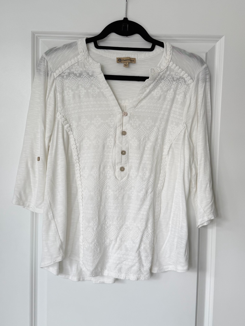 Democracy Ivory Embroidered Henley Tunic